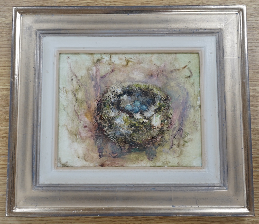 From the Studio of Fred Cuming. Terence Pilcher (20th. C), Contemporary oil on board, Still life of a bird’s nest, unsigned, inscribed verso, 16.5 x 20cm. Condition - good